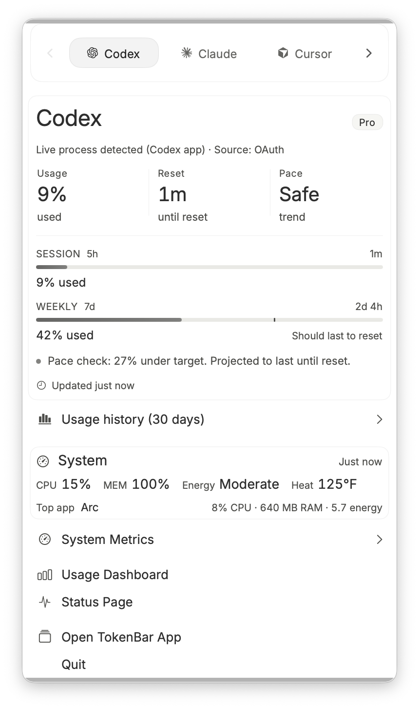 TokenBar menu bar panel showing Codex usage, session and weekly reset timing, system metrics, and quick actions.