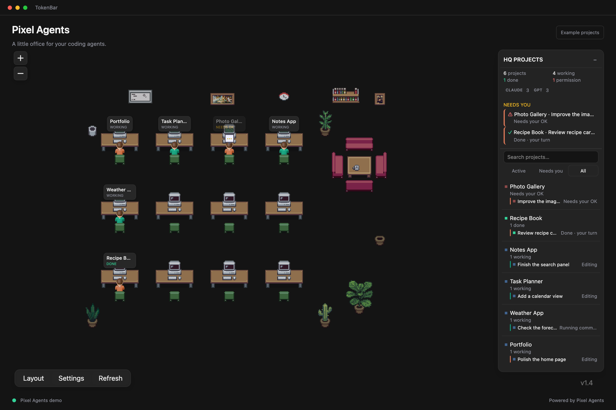 TokenBar Pixel Agents in dark mode, with six coding agents working on fictional Portfolio, Weather App, Recipe Book, Task Planner, Photo Gallery, and Notes App projects