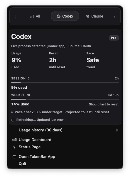 TokenBar menu bar popup screenshot
